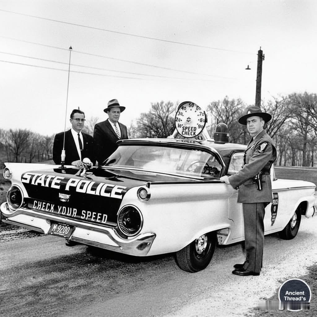 这是一辆 1959年的福特警车，车顶装有一个大型的外部速度计，供其他驾驶员检查自