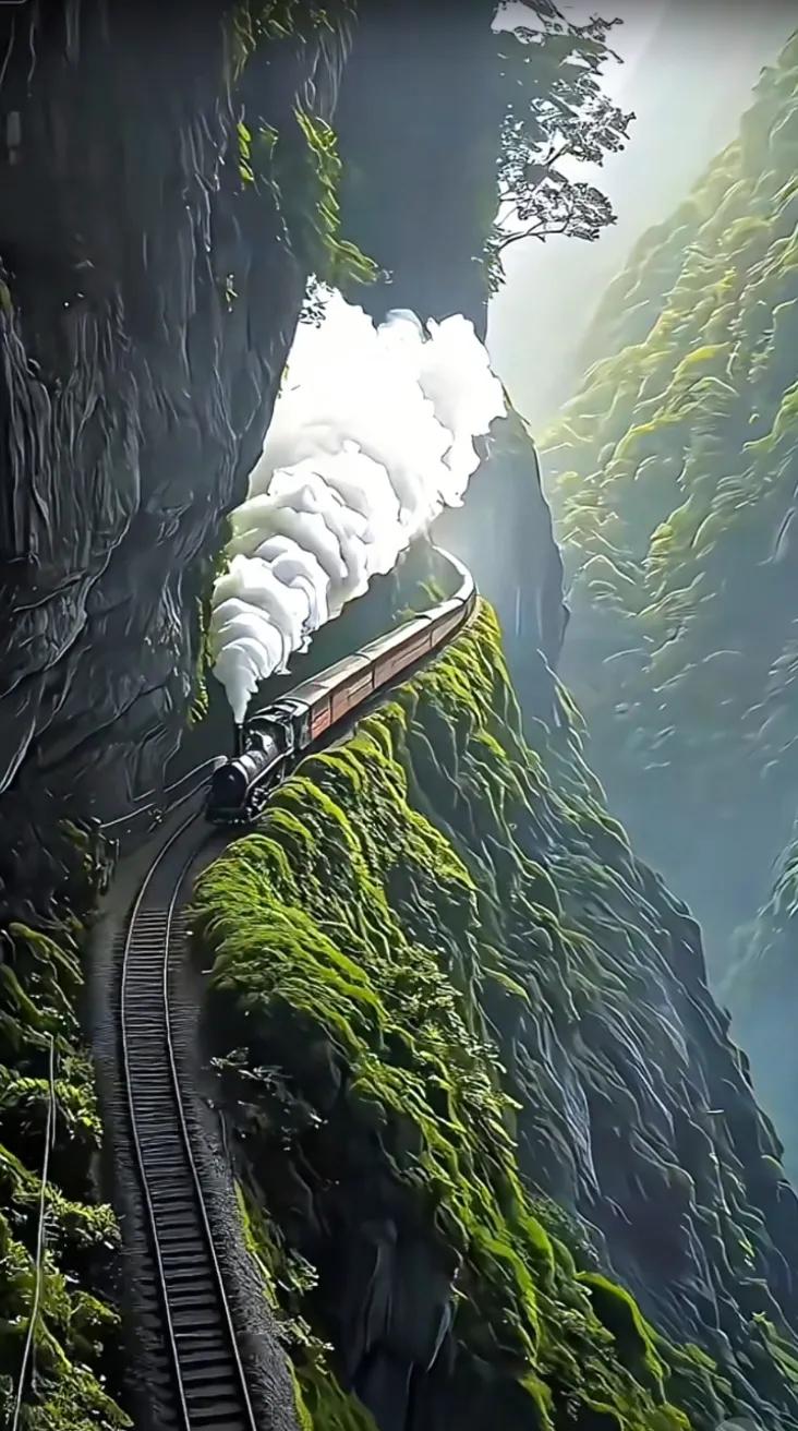 穿越云雾缭绕的神秘山洞，乘坐列旅途中捕捉美景 神秘的风景 神话般的美景 车探秘绝
