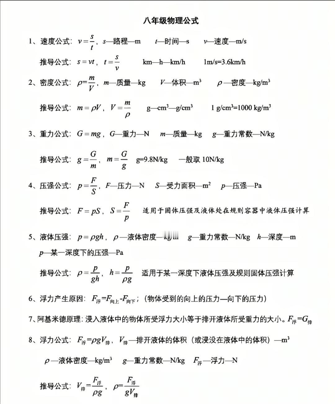 初中物理公式