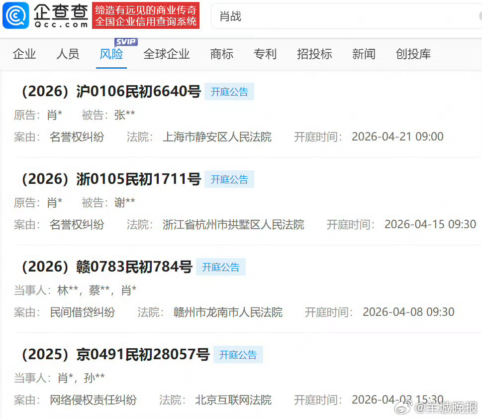 【#肖战再添维权告黑案#】#肖战告黑案下周开庭#企查查APP显示，近日，与谢某相