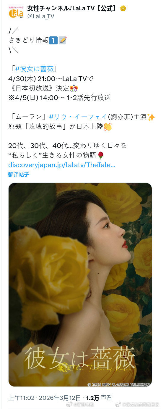 刘亦菲玫瑰的故事将在日本播出 玫瑰的故事将在日本播出日本观众即将沉浸式感受黄亦玫