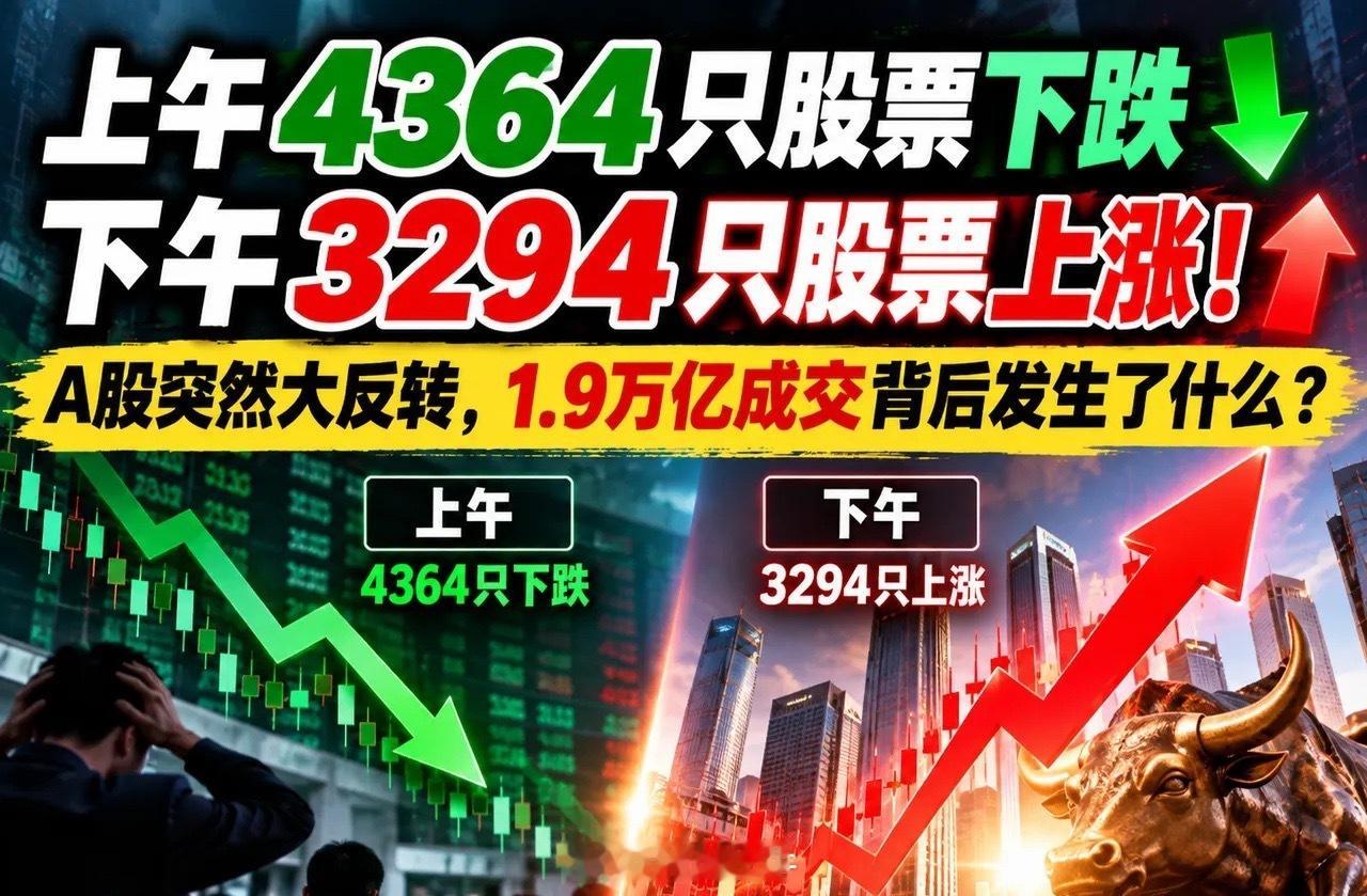 上午4364只股票下跌，下午3294只上涨！A股突然大反转，1.9万亿成交背后发