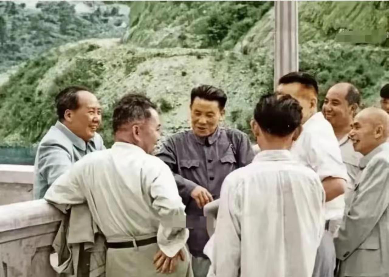 看到这张照片厚重而温暖：葱郁的山水作底色，毛主席与老一辈领导人围立在栏杆旁随性交