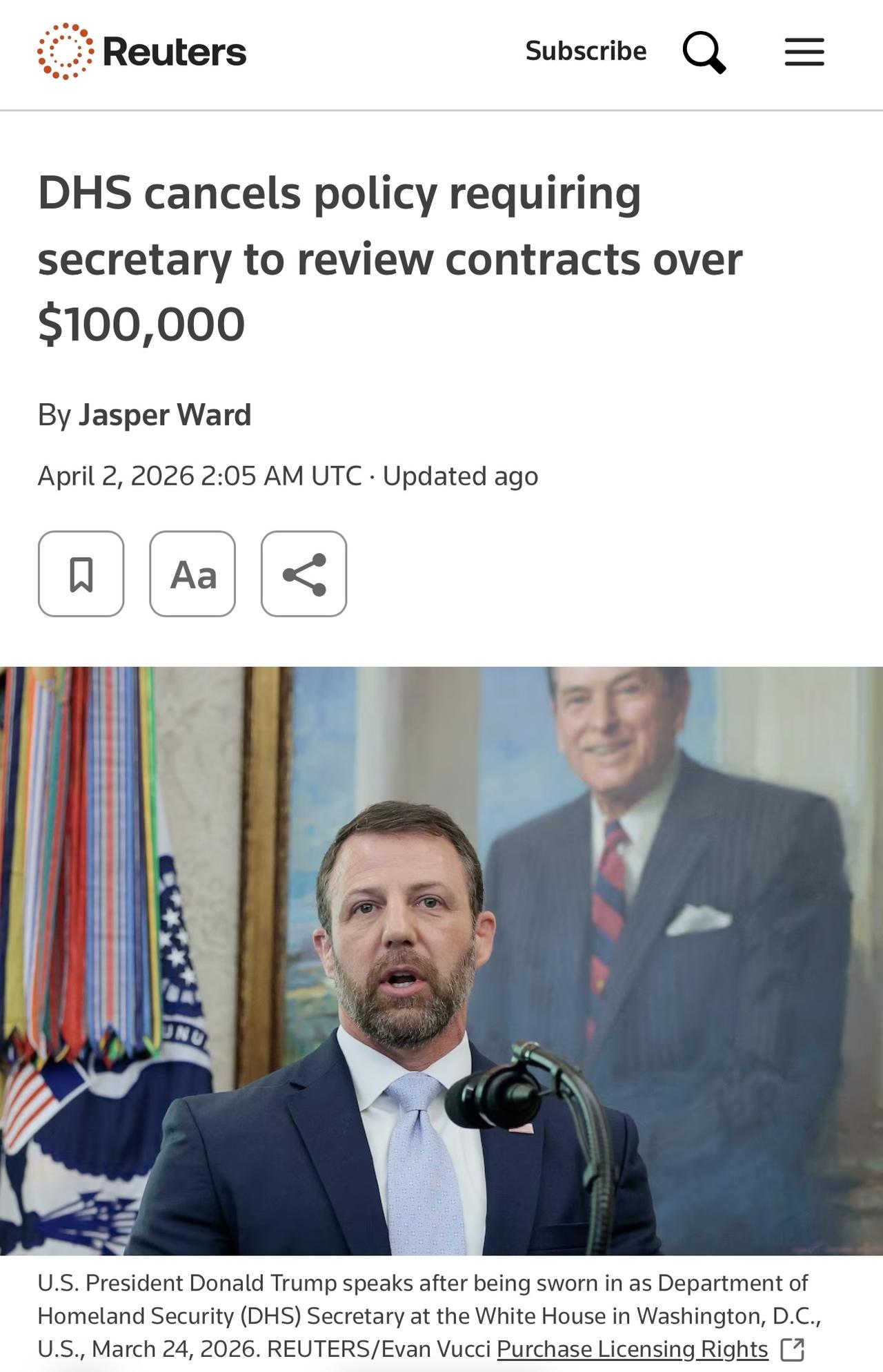 美国 国土安全部表示，国土安全部长穆林Markwayne Mullin周三撤销了