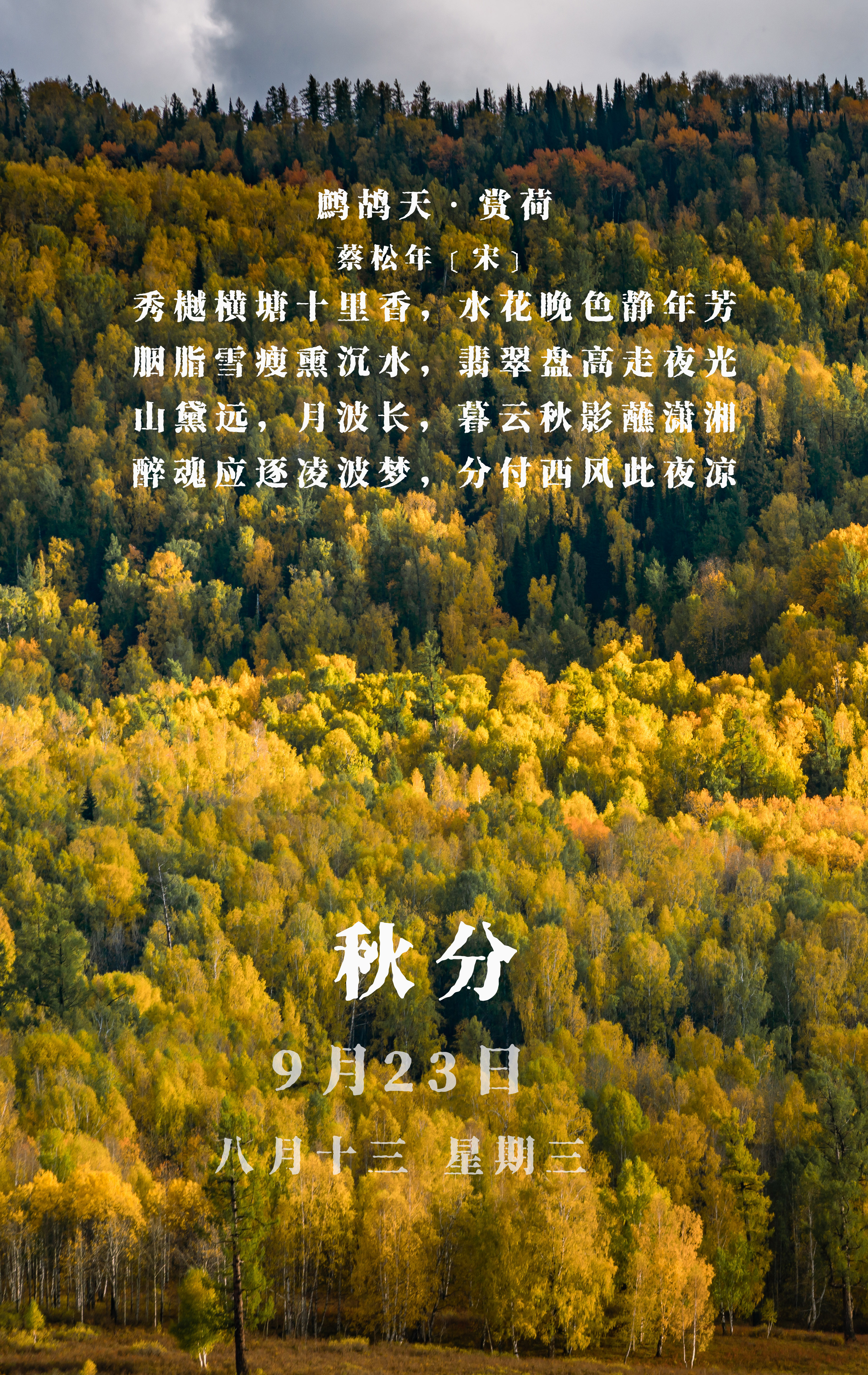 诗词日历 今天9月23日，农历八月十三，星期三，今天秋分 ，也是农民丰收节。今天