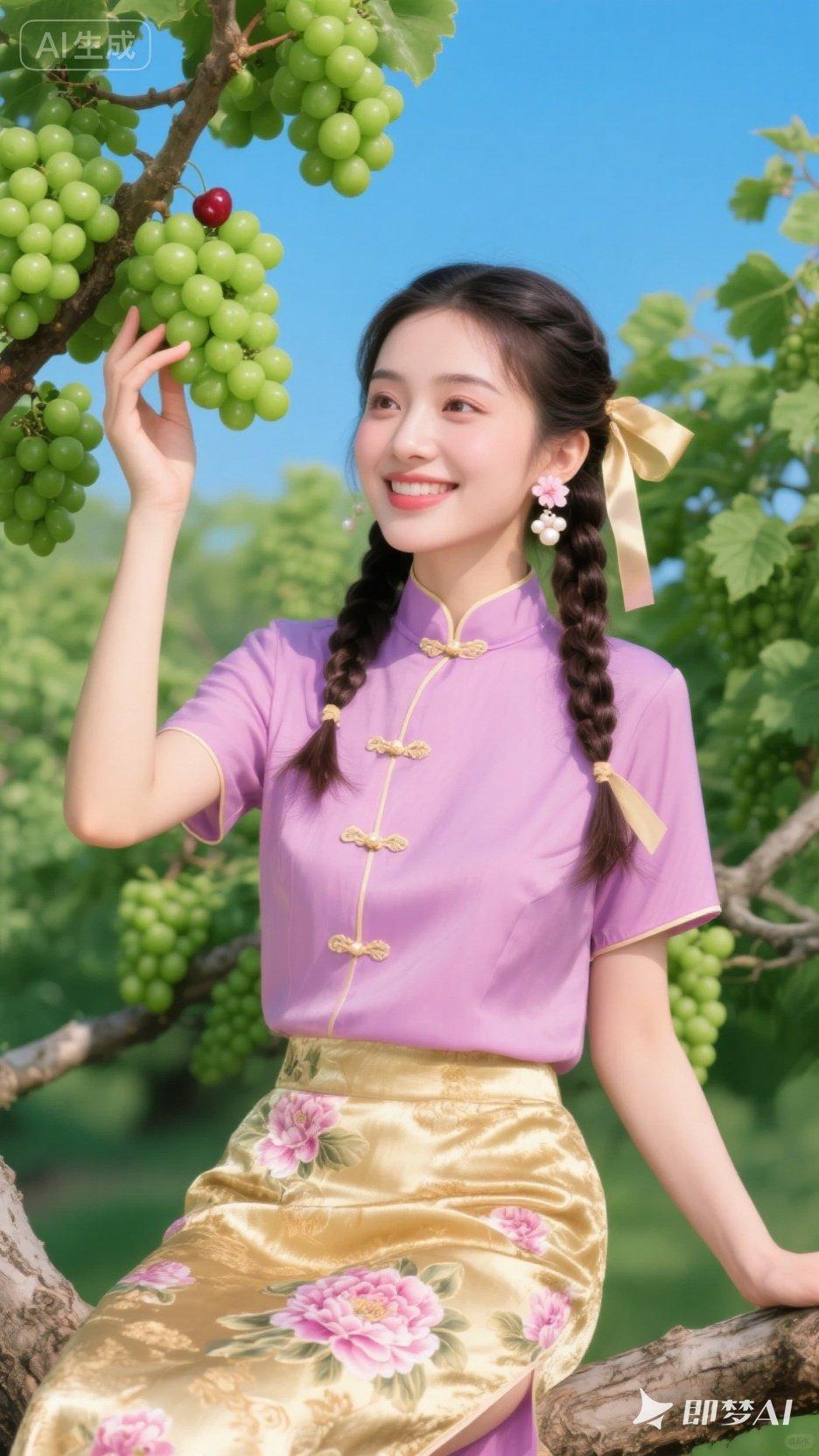 在葡萄架下，少女与自然相映成趣，清新甜美！