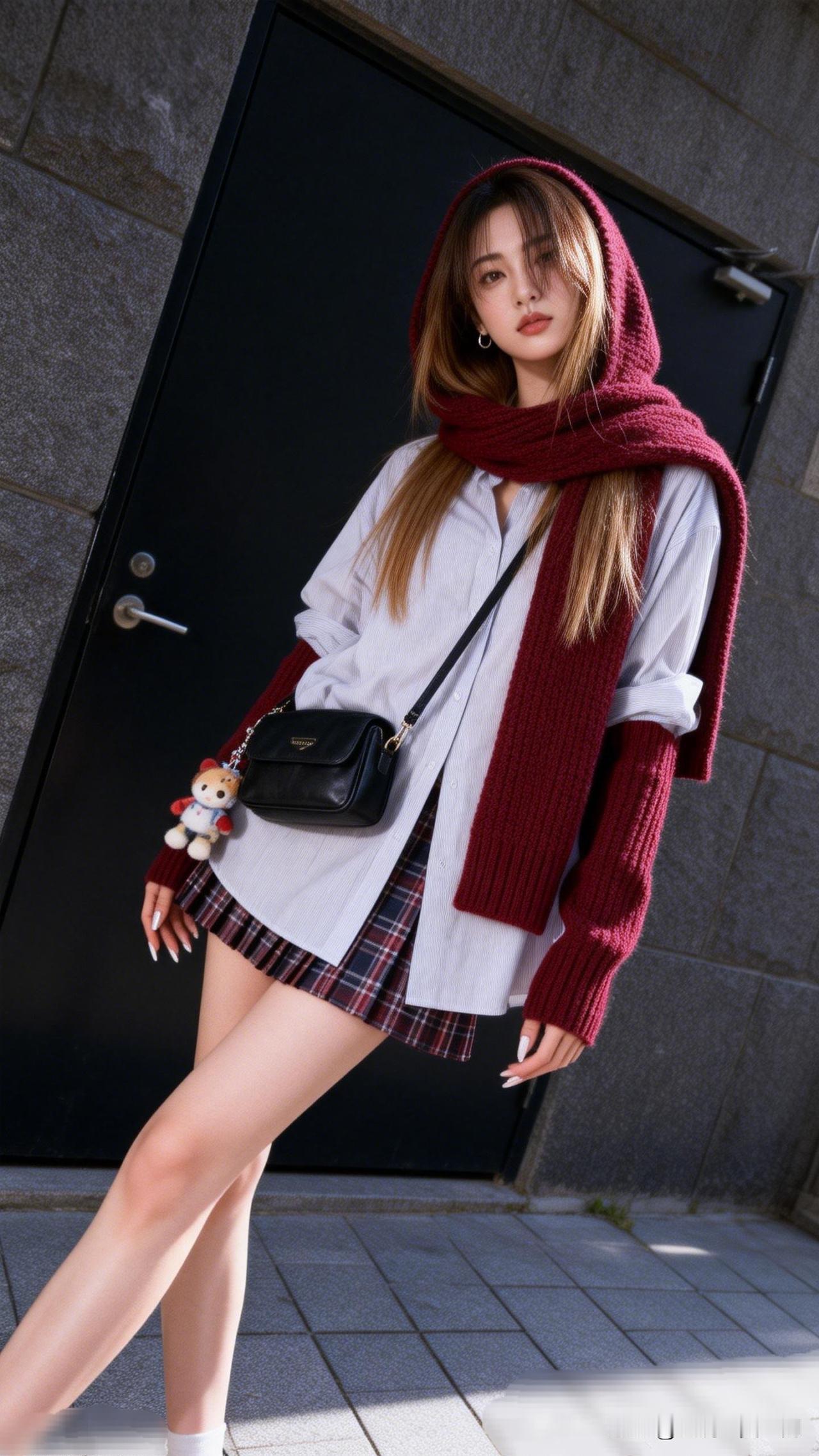 红袖添香夜，轻纱掩面时。时髦精穿搭秘籍 秋日穿搭指南：红围巾+白衬衫+格子裙，时