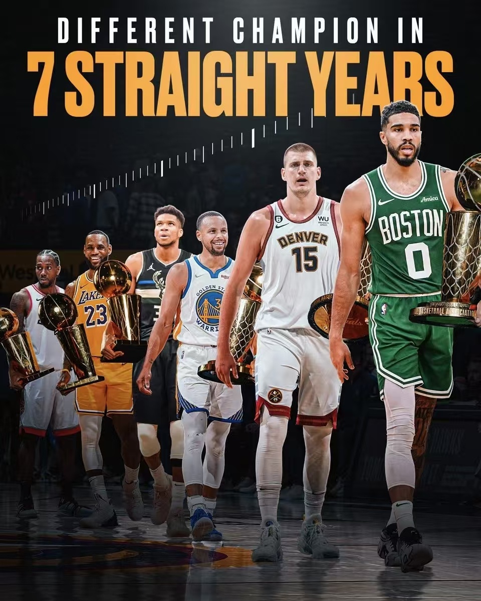 最近7年，7个不同的冠军，NBA现在是群雄逐鹿的时代。金州勇士[超话]我的观赛搭
