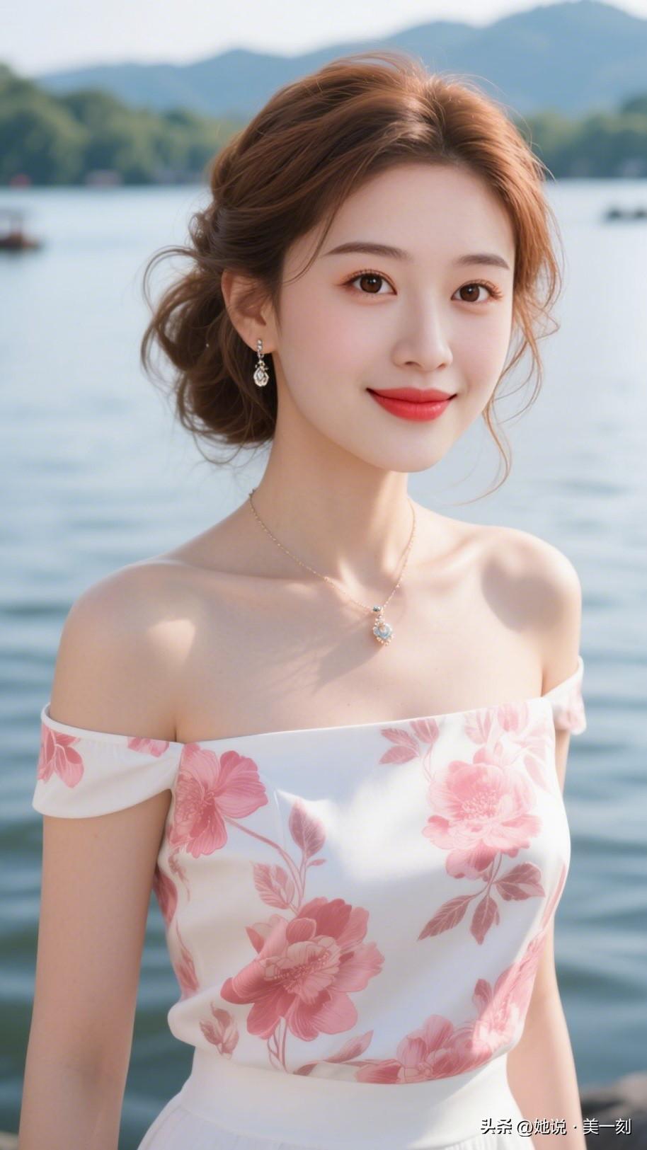 夏日湖畔的甜美少女，粉花白裙，清新自然