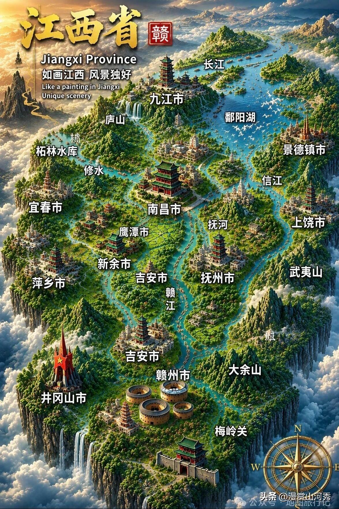 国风意境的江西省立体地图，云雾缭绕间，群山环抱，江河奔涌。赣地山河铺展在眼前：鄱