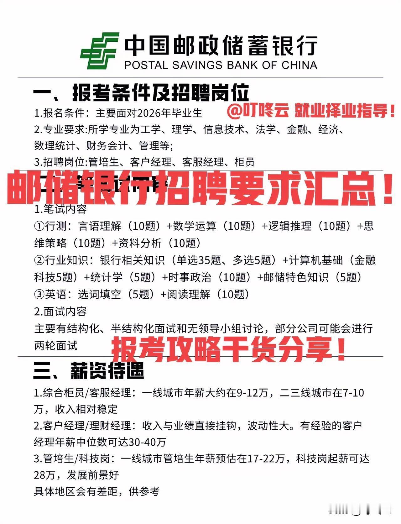 中国邮政储蓄银行招聘要求汇总合集！岗位薪资待遇怎么样？一图概览，快快收藏起来备用