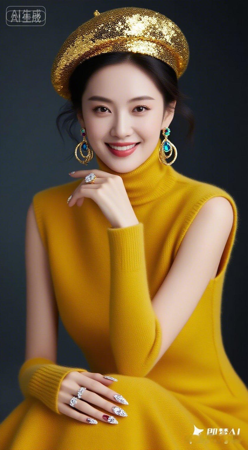 闪耀金帽配亮黄色连衣裙，优雅迷人！💃✨