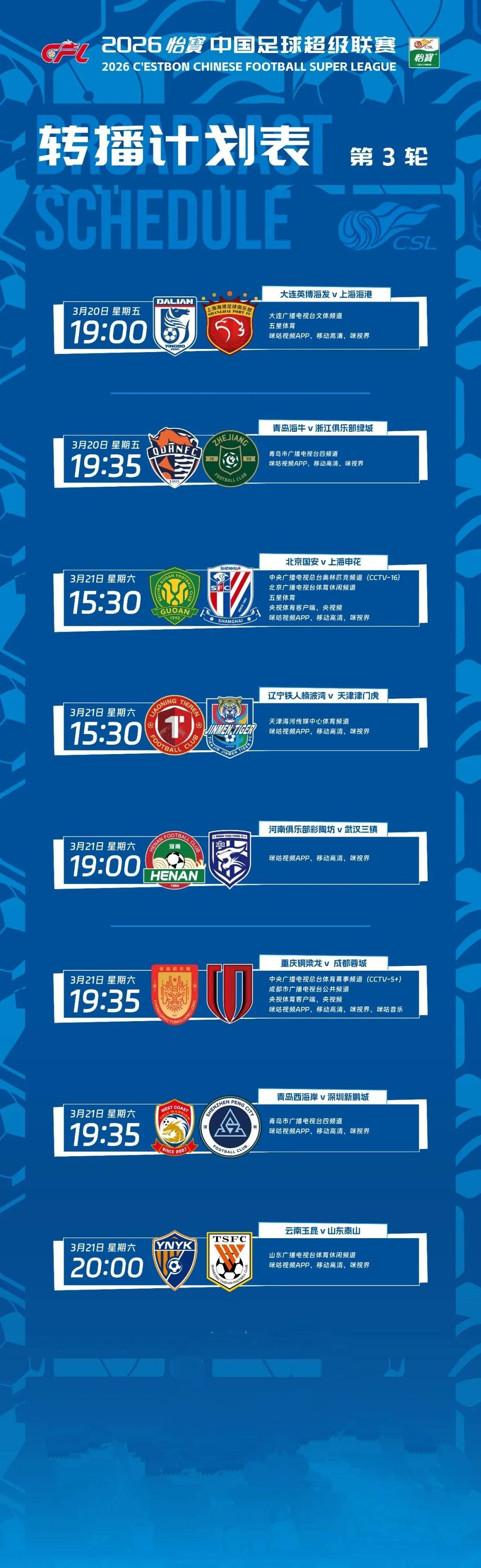 本周末中超联赛战火重燃，第三轮比赛好戏连台，16支球队为争夺胜利捉对厮杀。中超联