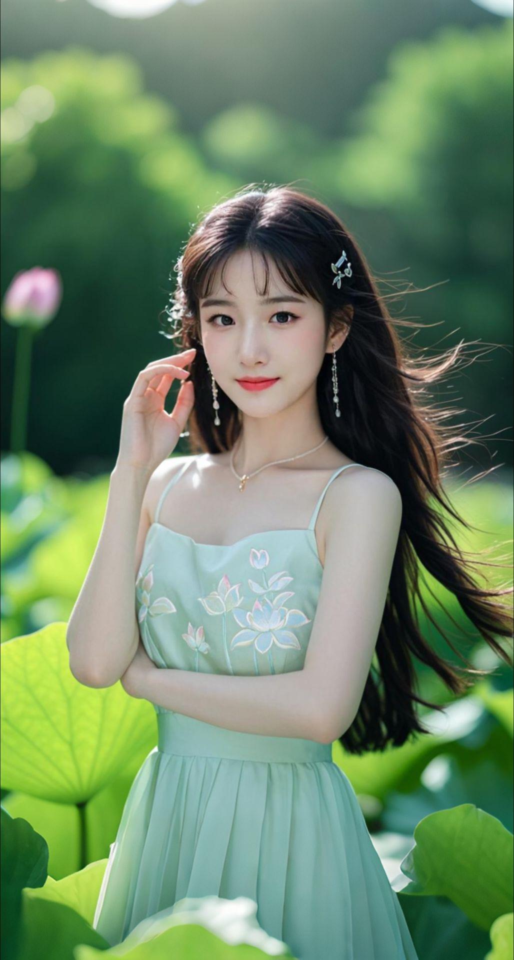 AI扩图 AI绿裙赏荷少女