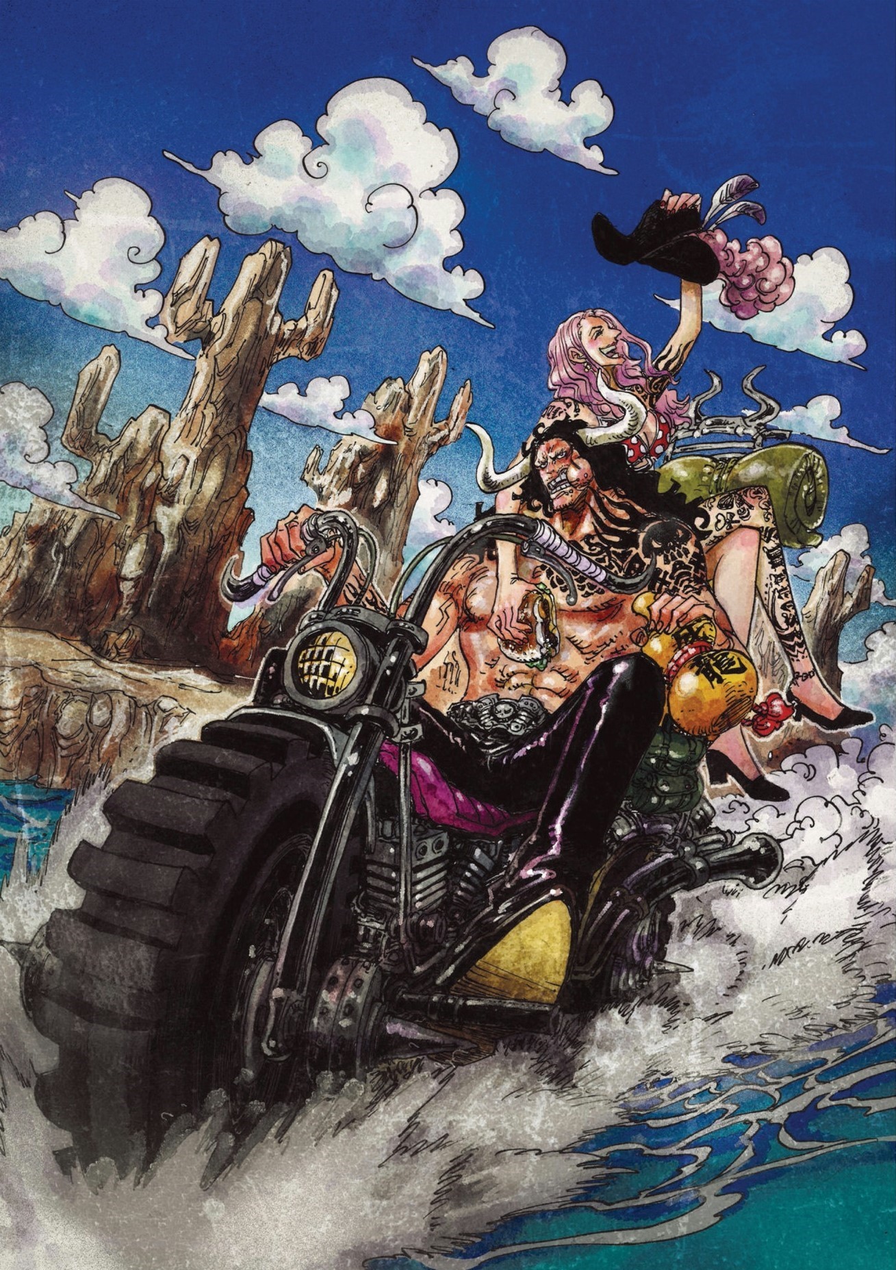 《大飙车时代》[笑cry] 那些年尾田画过的“飙车”彩页，路飞蹬自行车还挺卖力的