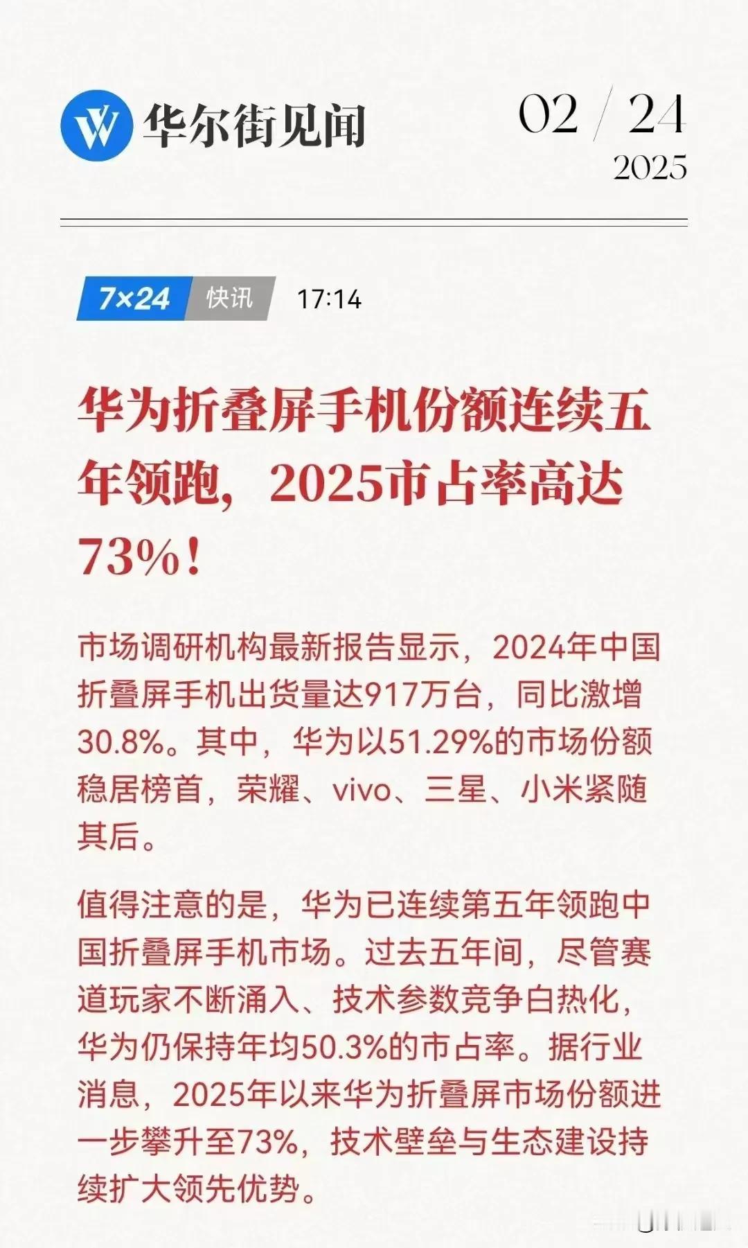 2024年华为折叠屏市占率竟然高达51.29%………

我先来哈：“一枝独秀不是