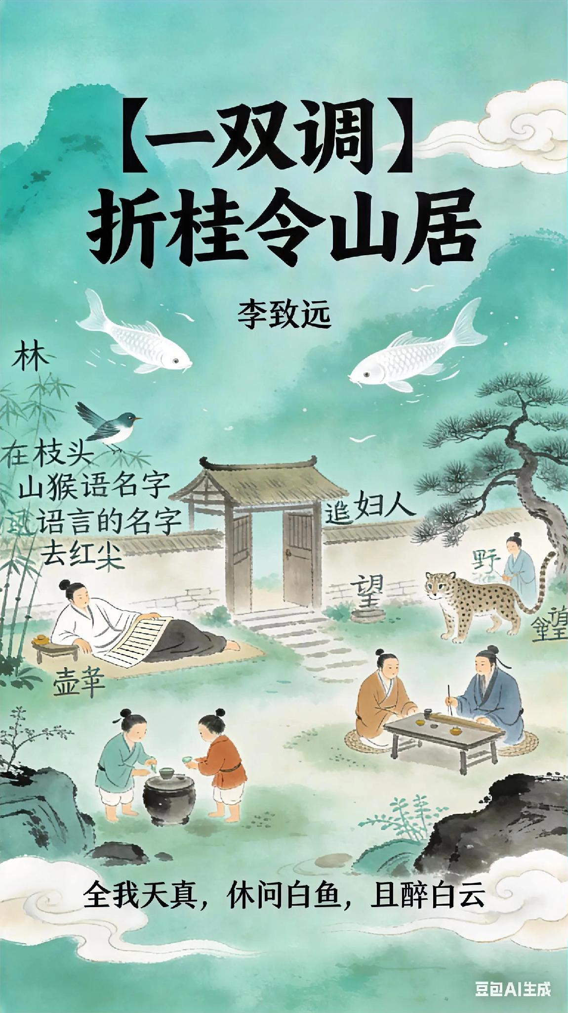 《双调》折桂令山居、李致远。
枕琴书睡足柴门，
时有清风，
为扫红尘。
林鸟呼名