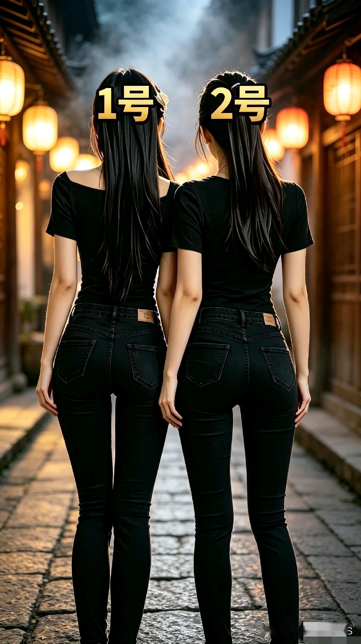 青石板街上红灯笼一挂，俩姑娘的背影宛如双胞胎一般。左边的1号长发披肩，肩膀松弛自