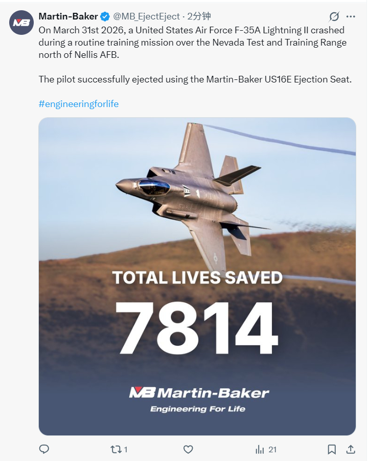 英国马丁-贝克公司刚刚发布喜报：2026年3月31日，美国空军一架F-35A“闪