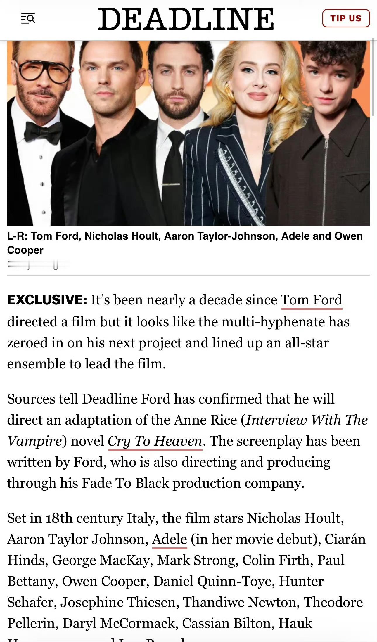 这个阵容对我眼睛很好！汤姆·福特将执导新片《天泣》！根据安妮·赖斯同名小说改编，