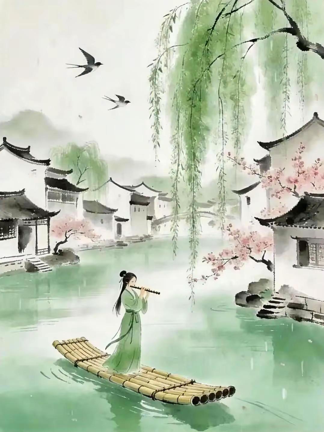 天净沙·春溪弄笛
垂杨蘸水含烟，
粉瓣逐浪盈船。
笛韵春风梦远。
轻舟漫转，
晴