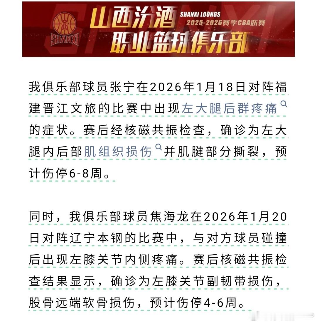 山西男篮发布伤情报告：张宁左大腿内后部肌组织损伤并肌腱部分撕裂，预计伤停6-8周