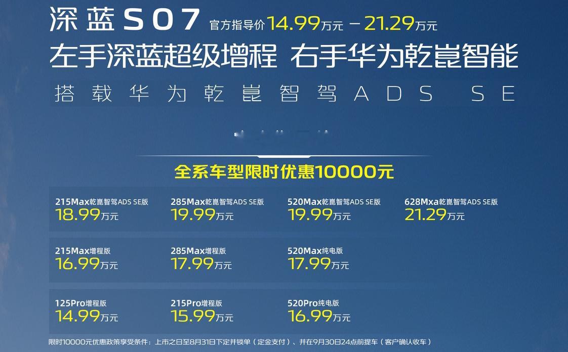 深蓝S07上市了：增程的14.99万元起，乾崑智驾的18.99万元起。10个SK