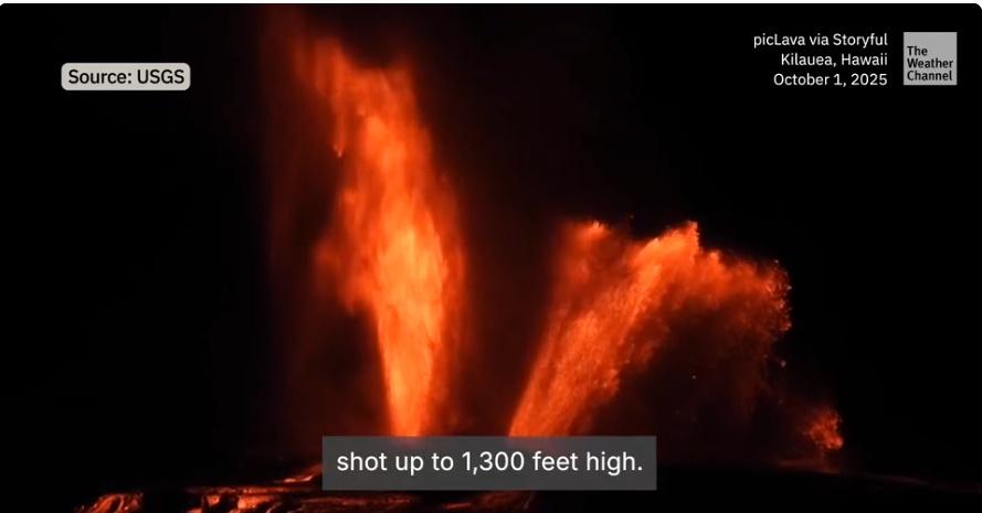 夏威夷火山10/1出现最猛烈的6小时喷发，喷出高度达1300英尺，也就是400米