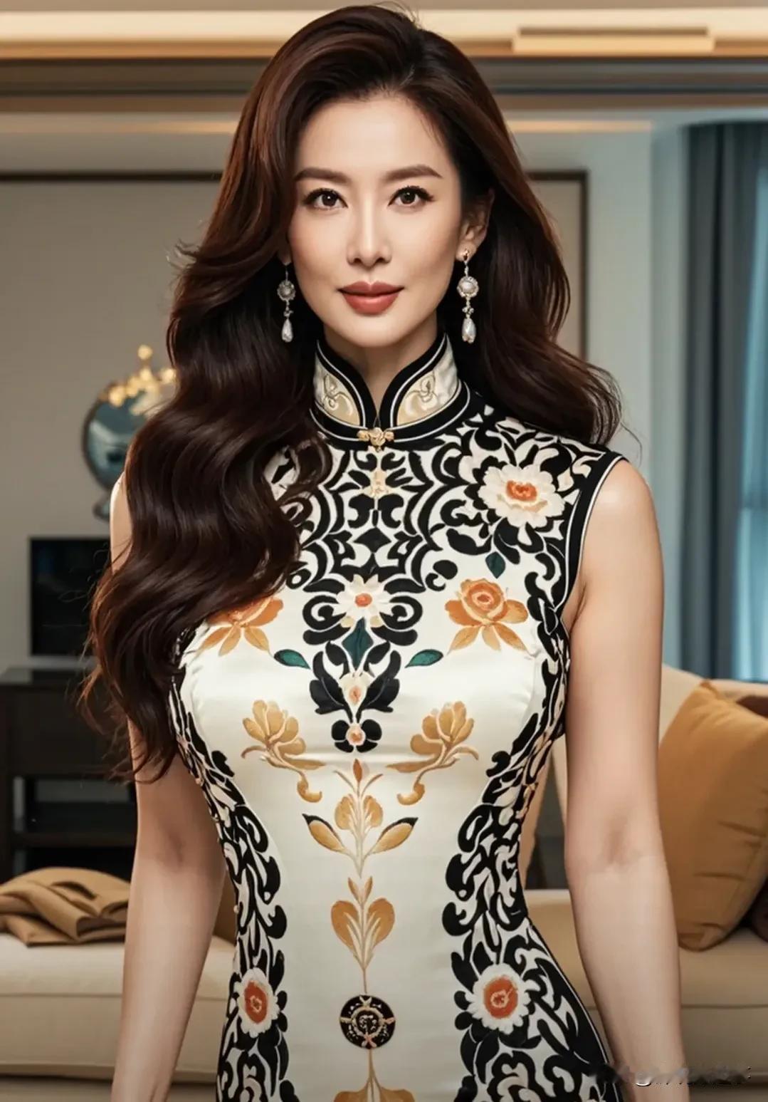 #高级感旗袍佳人# 
穿着一件设计精美的旗袍，这是一种传统的中式服装，通常由丝绸