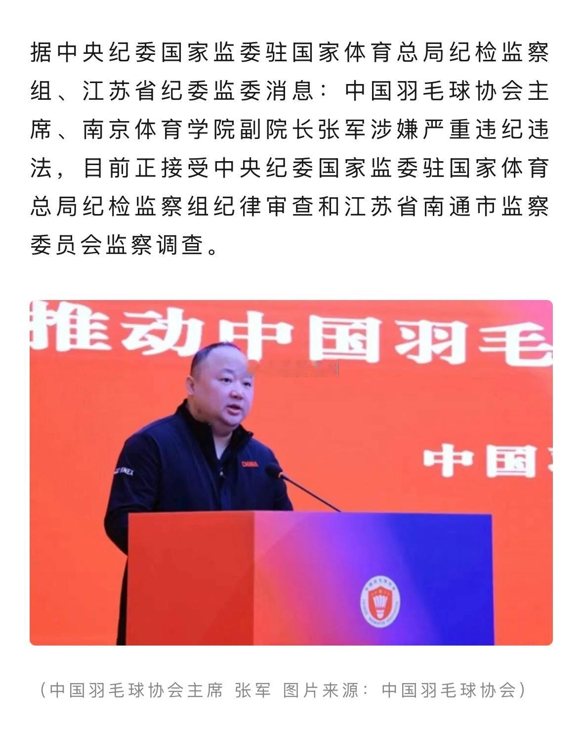 中国羽毛球协会主席张军被查 
