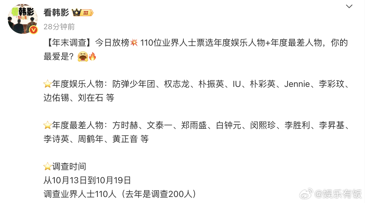 韩国业内评艺人红黑榜防弹少年团权志龙IU被韩国业内好评 韩国 110 位娱乐业界