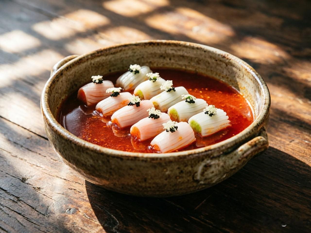 红油蒜香花枝卷


【菜品特点】

色泽红亮，蒜香浓郁，花枝脆嫩，麻辣鲜香，是一