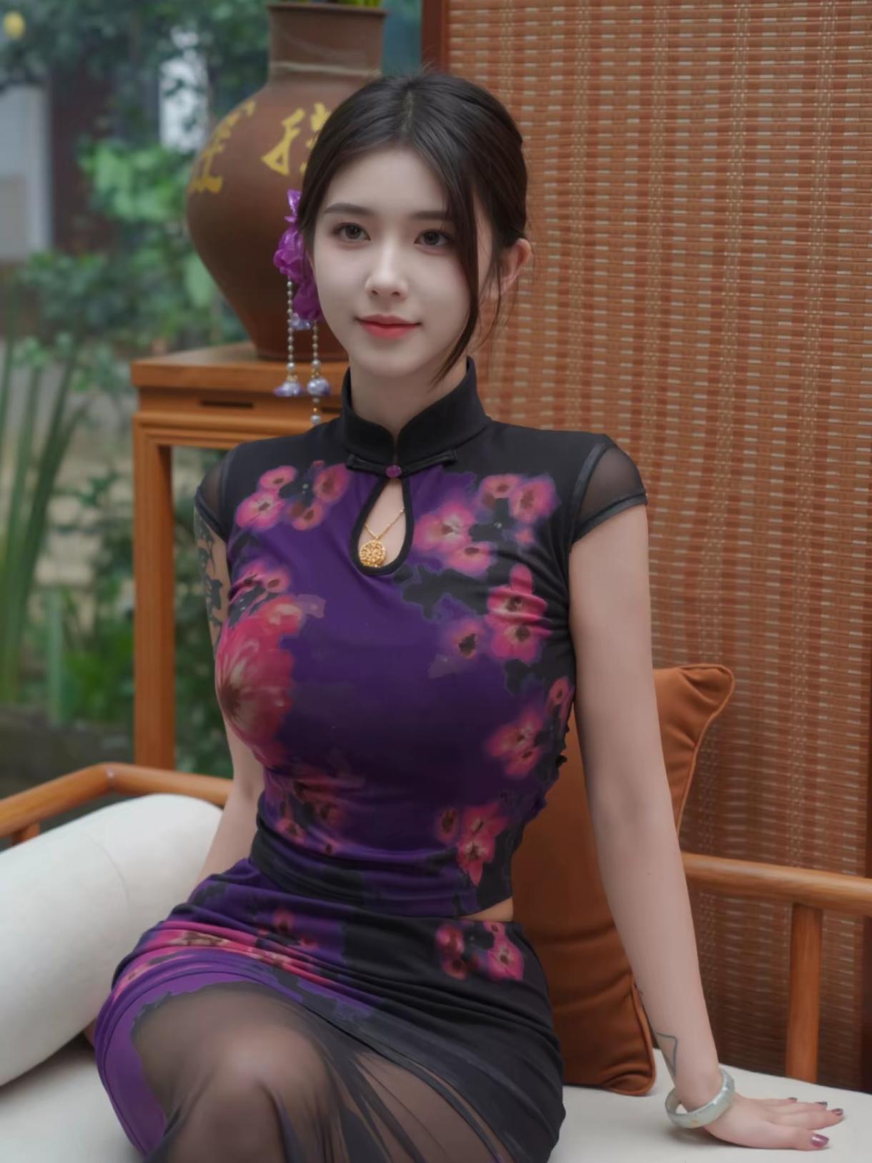 黑紫撞色搭配薄纱拼接，真的把国风穿出了轻盈感。

换一种方式靠近传统服饰，少了几