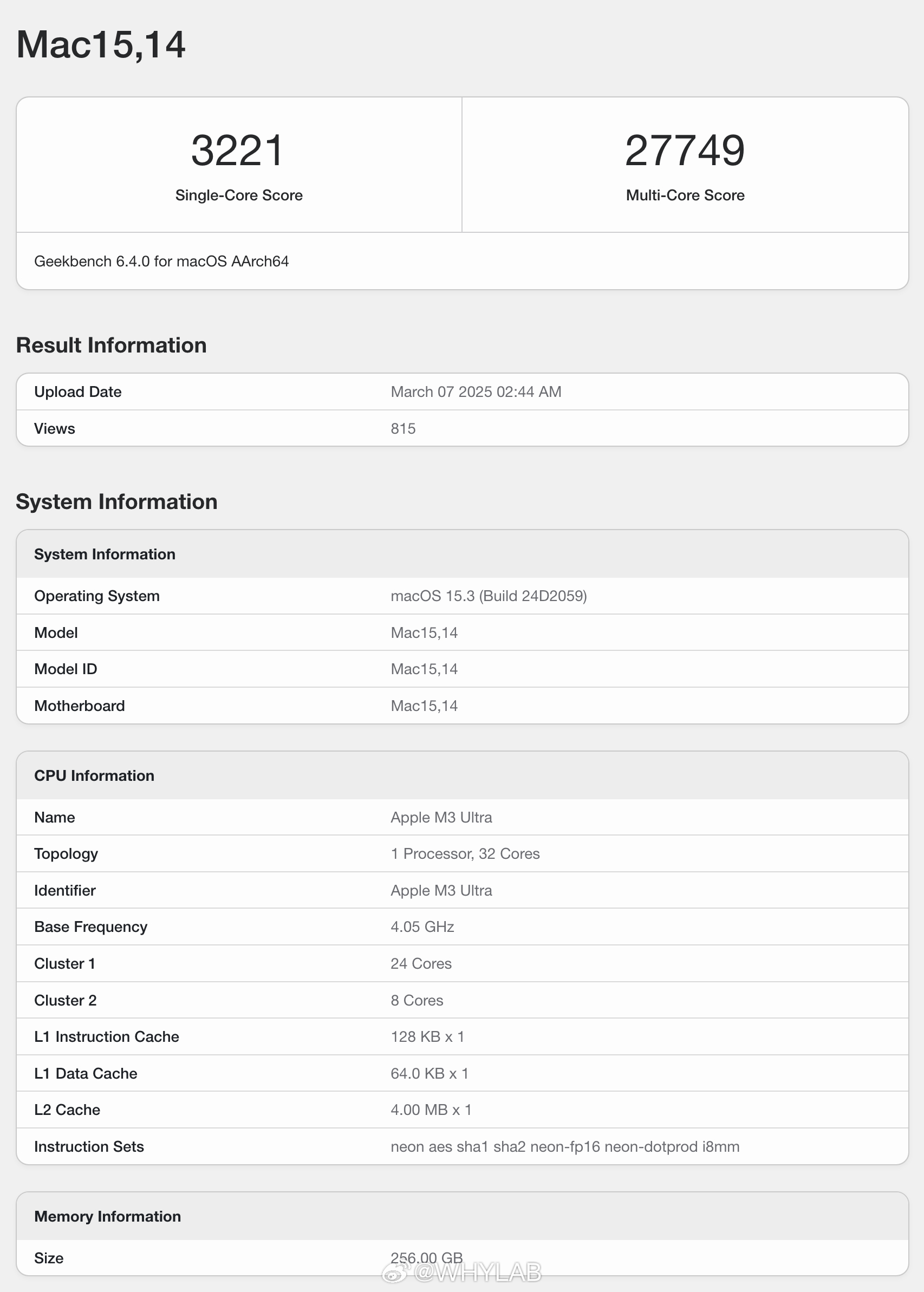 苹果最强芯片 M3 Ultra 的 GeekBench 6 跑分出炉了，设备识别