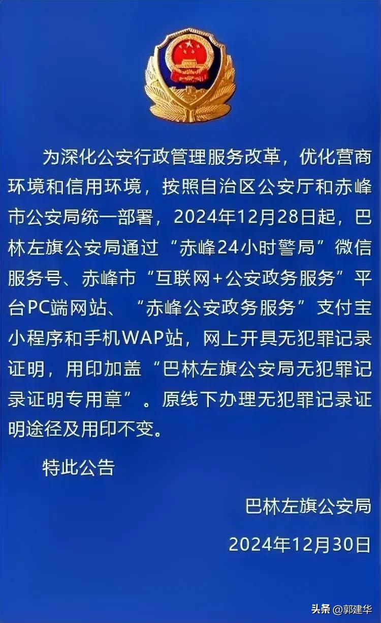 关于启用“巴林左旗公安局无犯罪记录证明专用章”网上办理无犯罪记录证明的公告