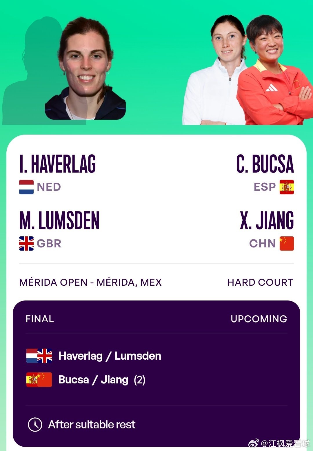 最新赛事赛程3月2日09:00左右  WTA500梅里达站女双决赛蒋欣玗🇨🇳