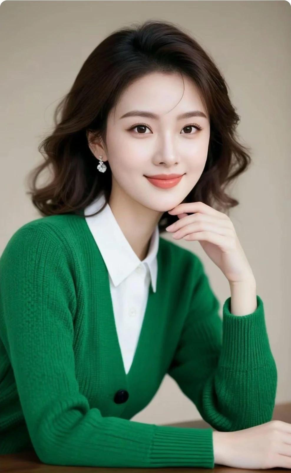 温柔甜美的微笑，绿色毛衣搭配白色衬衫，清新自然，元气满满！🌸💚