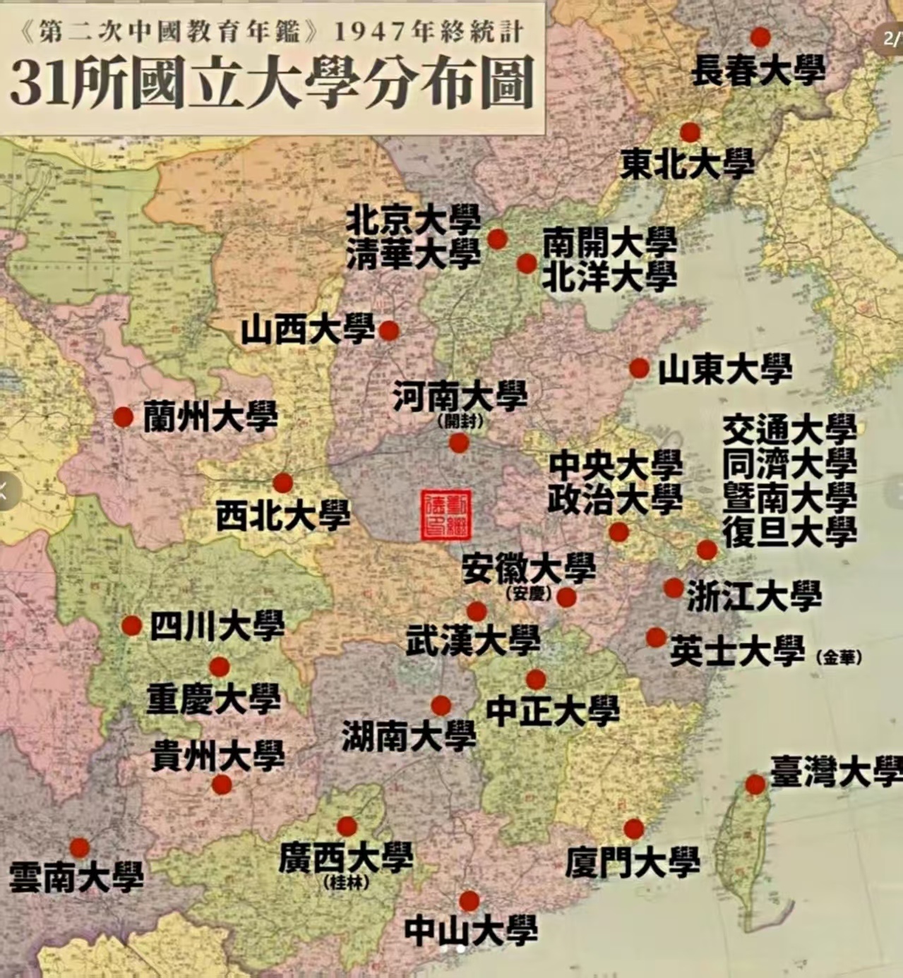 1947年，31群所国立大学分布图 