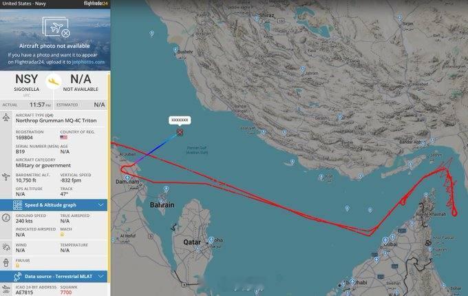 一架美国海军MQ-4C“海神”侦察无人机在波斯湾上空发出7700紧急代码，几分钟