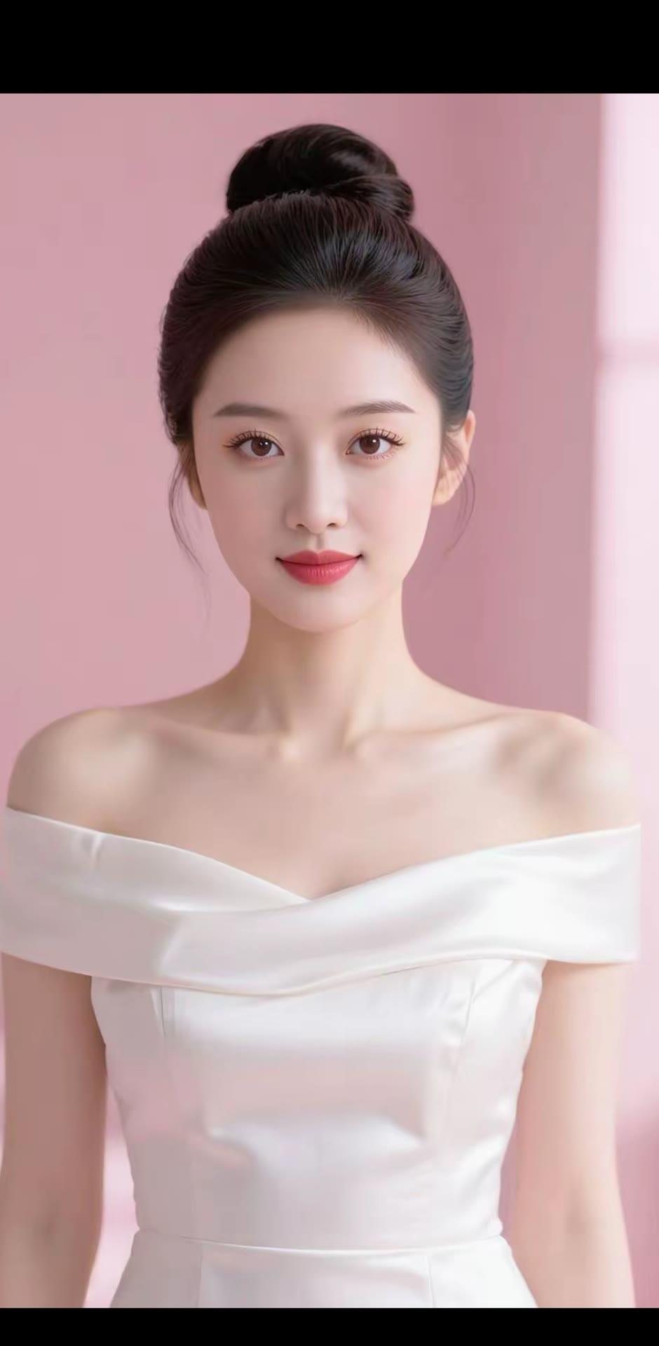 优雅白裙，甜美笑容，粉色背景下的清新女神