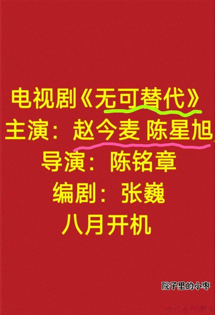 电视剧《无可替代》  主演：赵今麦  陈星旭导演：陈铭章编剧：张巍八月开机赵今麦