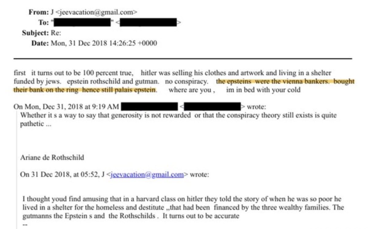 ❗阿丽亚娜·德·罗斯柴尔德和杰弗里·爱泼斯坦之间的一封电子邮件声称，当希特勒在维