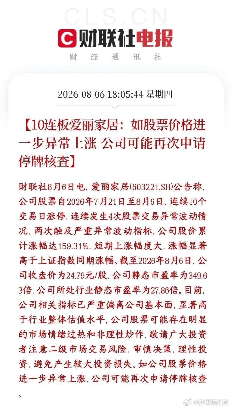 妖股爱丽家居拿下十连板，半个多月股价暴涨2.6倍，市盈率349倍，远超行业均值2