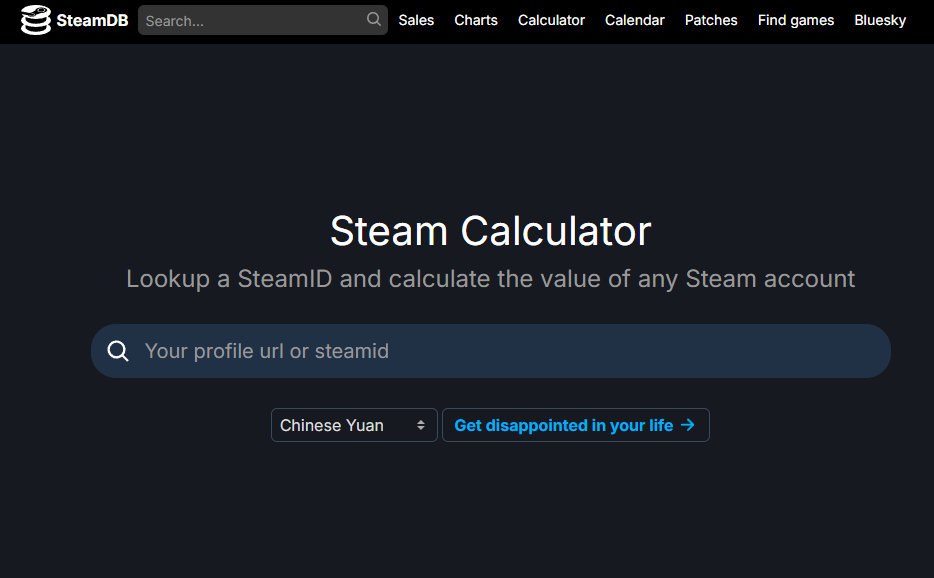 SteamDB的计算器功能，输入Steamid后可以查询游戏库的总价值、总游戏时