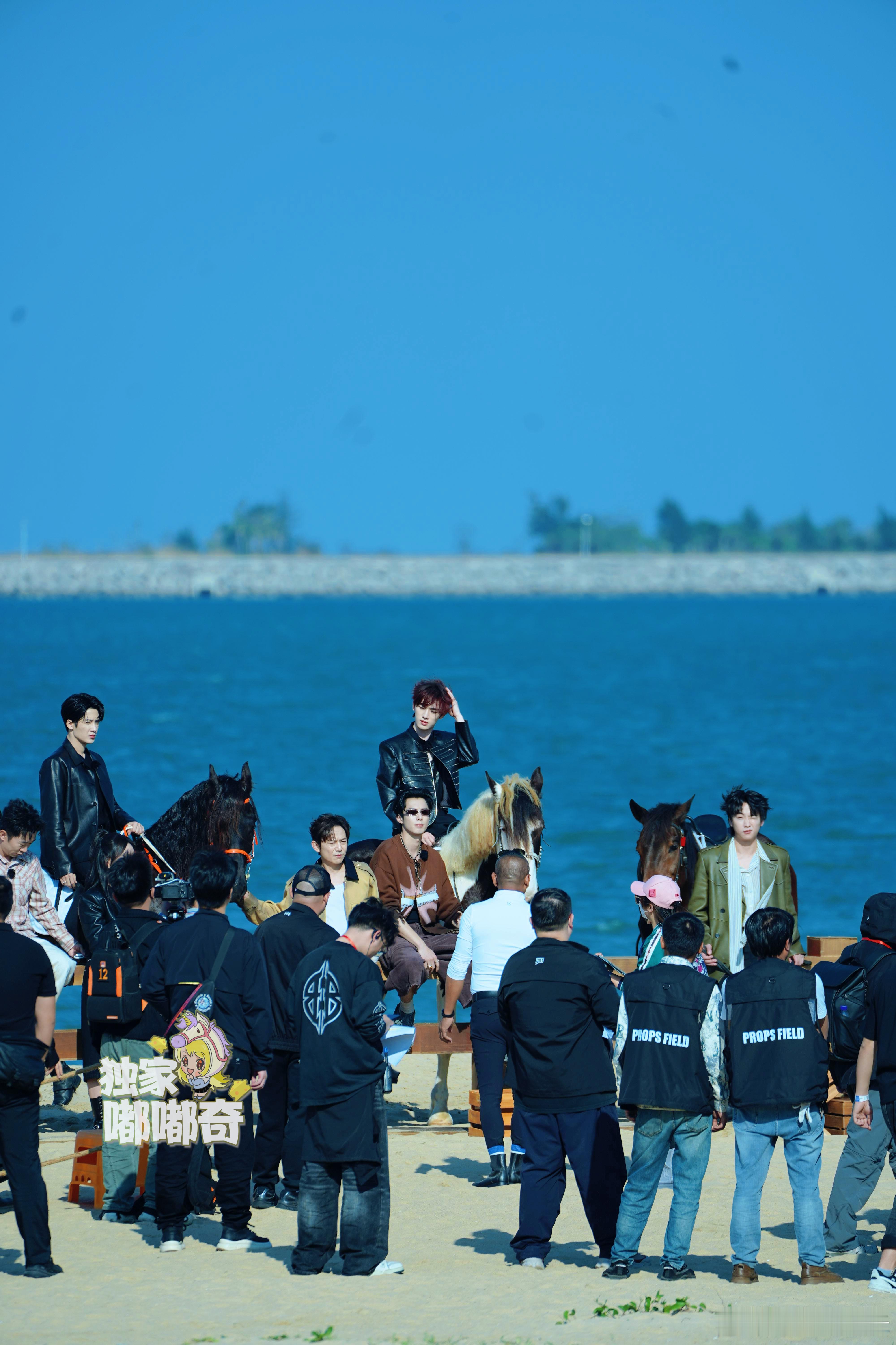 蓝海作背景，群像同框，骏马相陪衬檀健次王鹤棣丁程鑫你好星期六全员团建路透