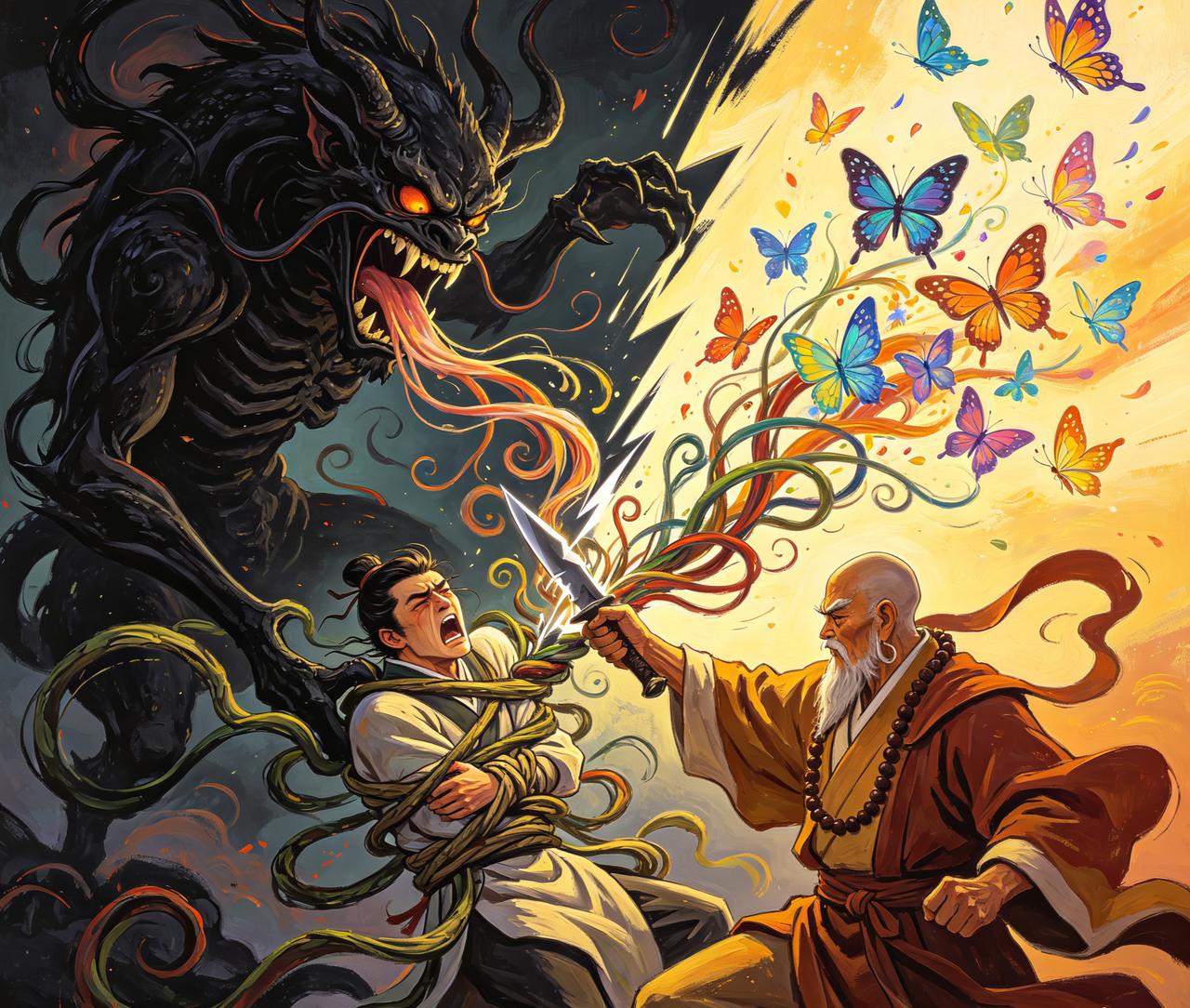 江湖怪谈•荒诞志120

内耗兽·伍：洛阳有“内耗兽”，形如蚕，食“后悔丝”。书