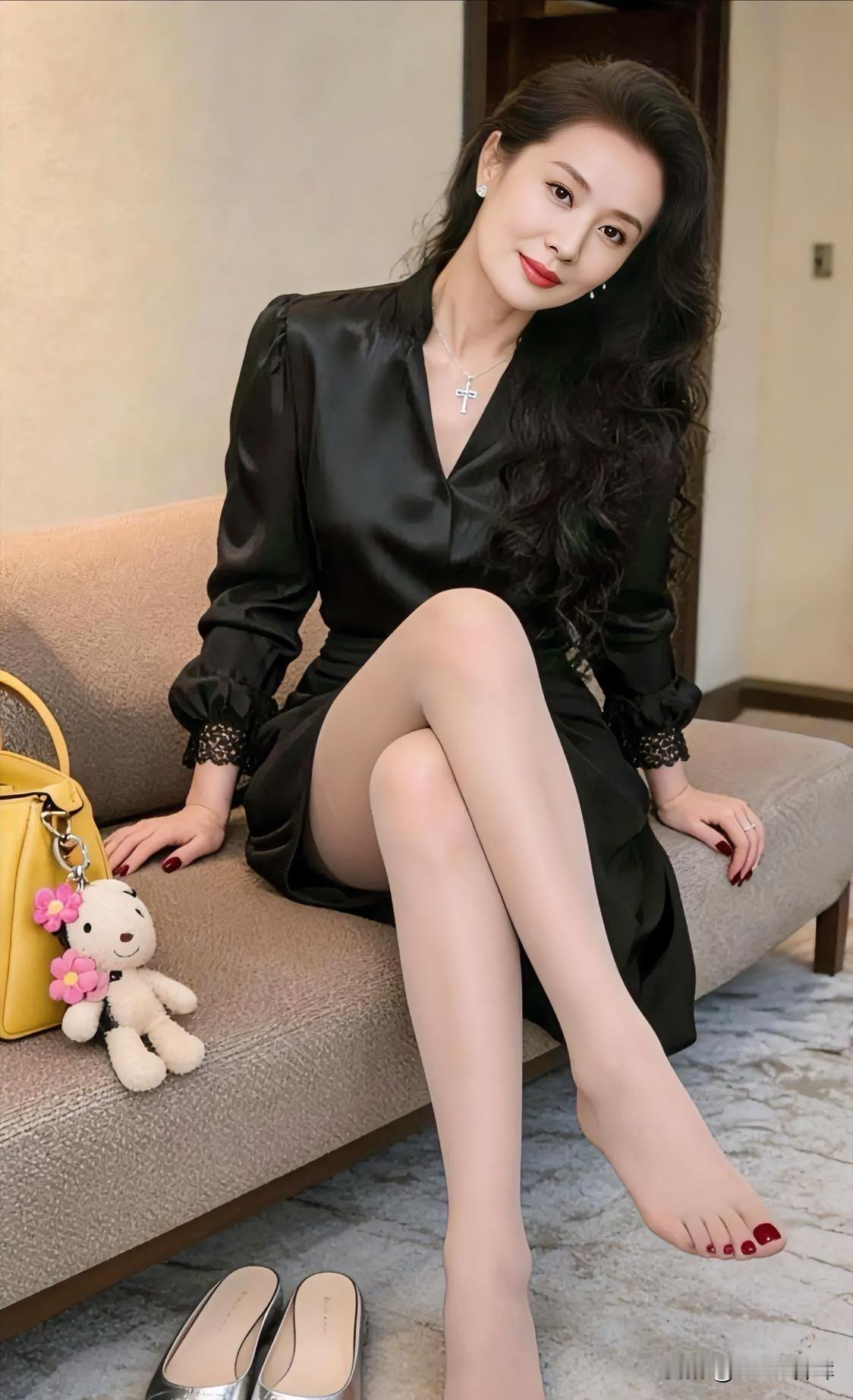 丝缎曳光，黑裙吻蕾丝柔肠；

卷发如瀑，垂落夜的温婉模样。

银鞋静卧，等风来叩