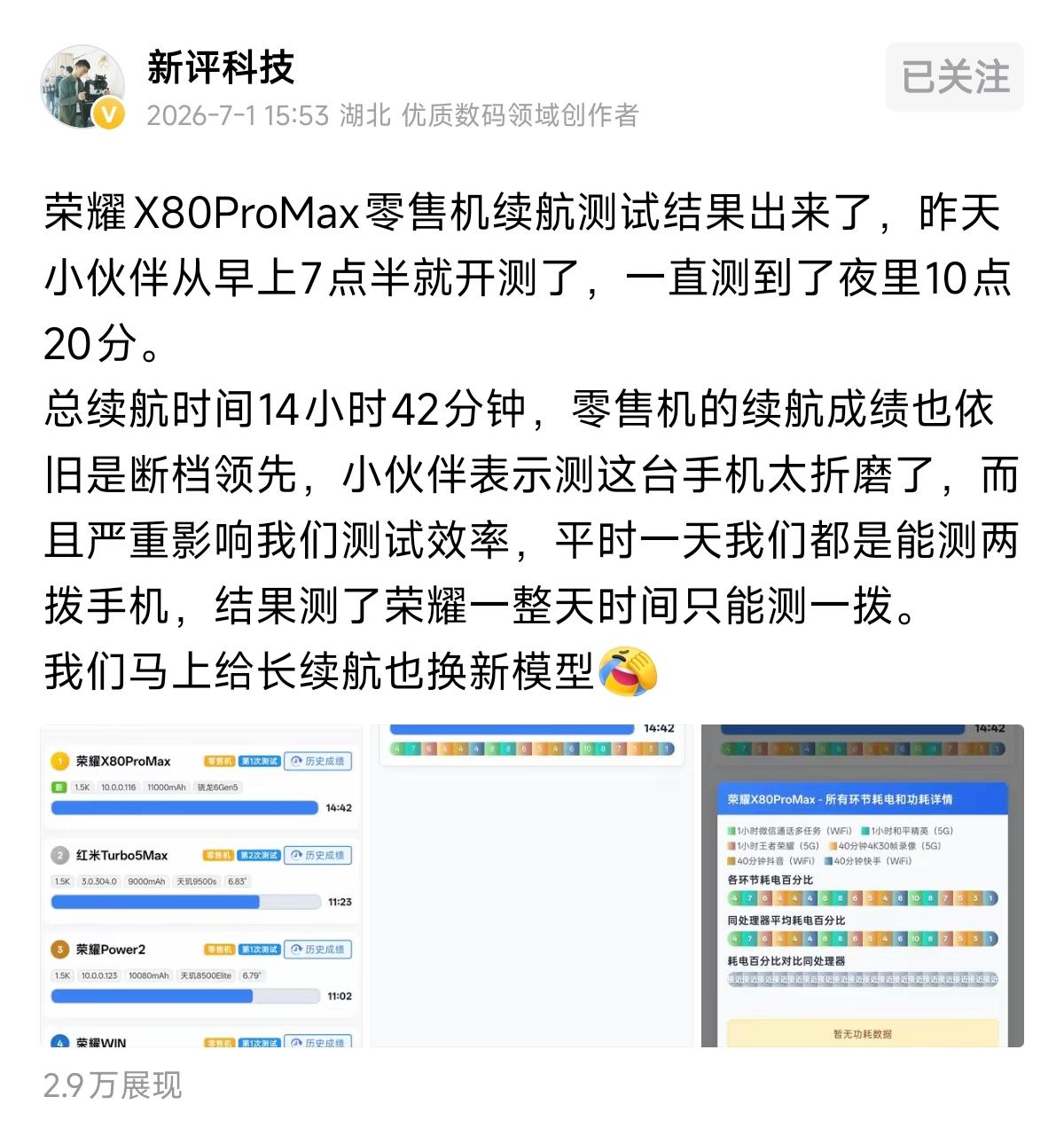 14小时42分钟！荣耀X80 Pro Max续航测试把博主测到崩溃

新评测评的