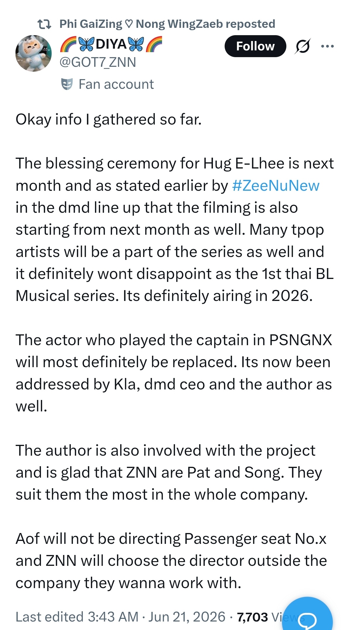 zeenewzeenunew 关于Hug E-Lhee的祈福仪式定在下个月，正如