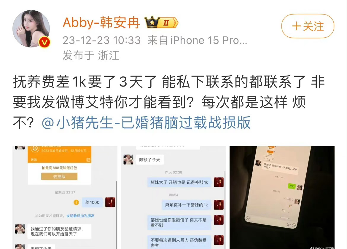 #韩安冉晒与小猪先生聊天记录# 韩安冉晒与小猪先生聊天记录称：“抚养费差3K要了